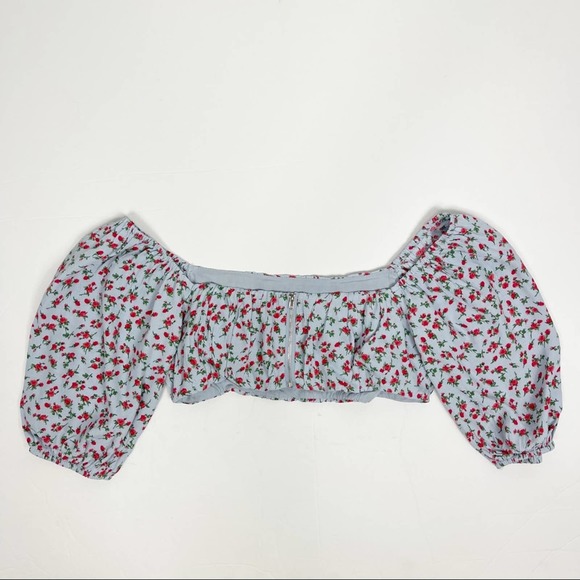 Lulus Sunny‎ Expectations Blue Rose Floral Puff Sleeve Crop Top Small - Picture 6 of 11